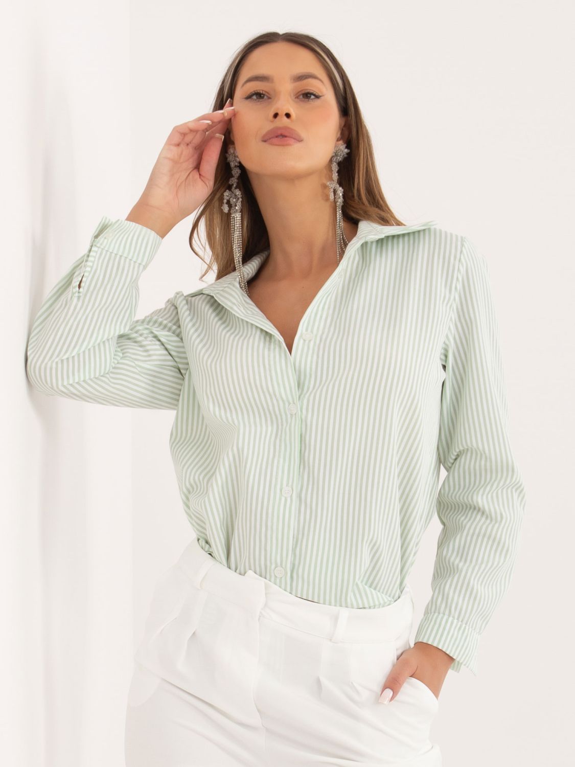 Cămașă cu dungi, verde fistic, mânecă lungă