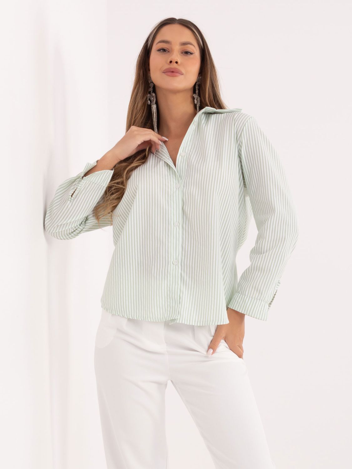 Cămașă cu dungi, verde fistic, mânecă lungă