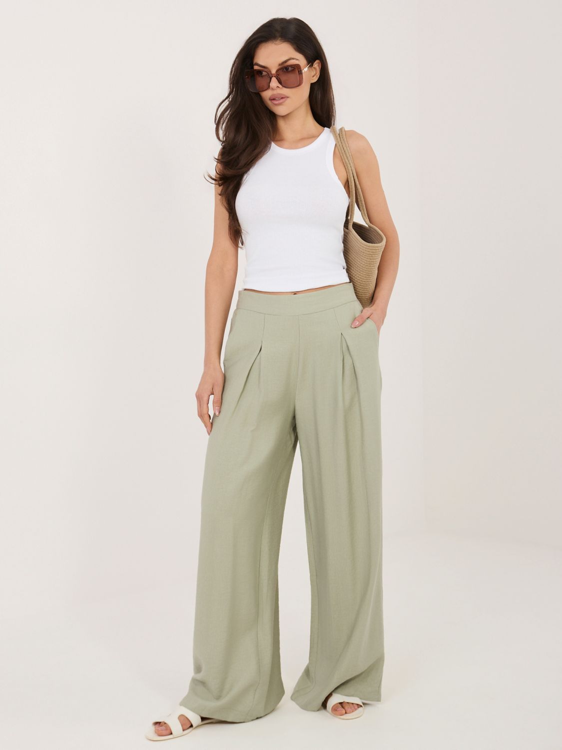 Pantaloni palazzo din vâscoză, culoare fistic