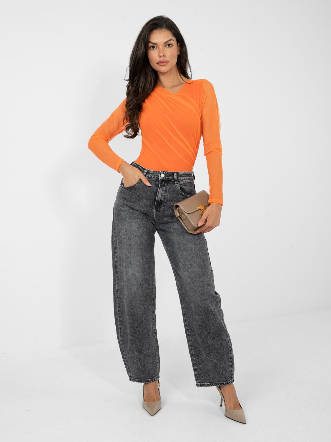 Body elegant portocaliu cu mâneci lungi și decolteu rotund