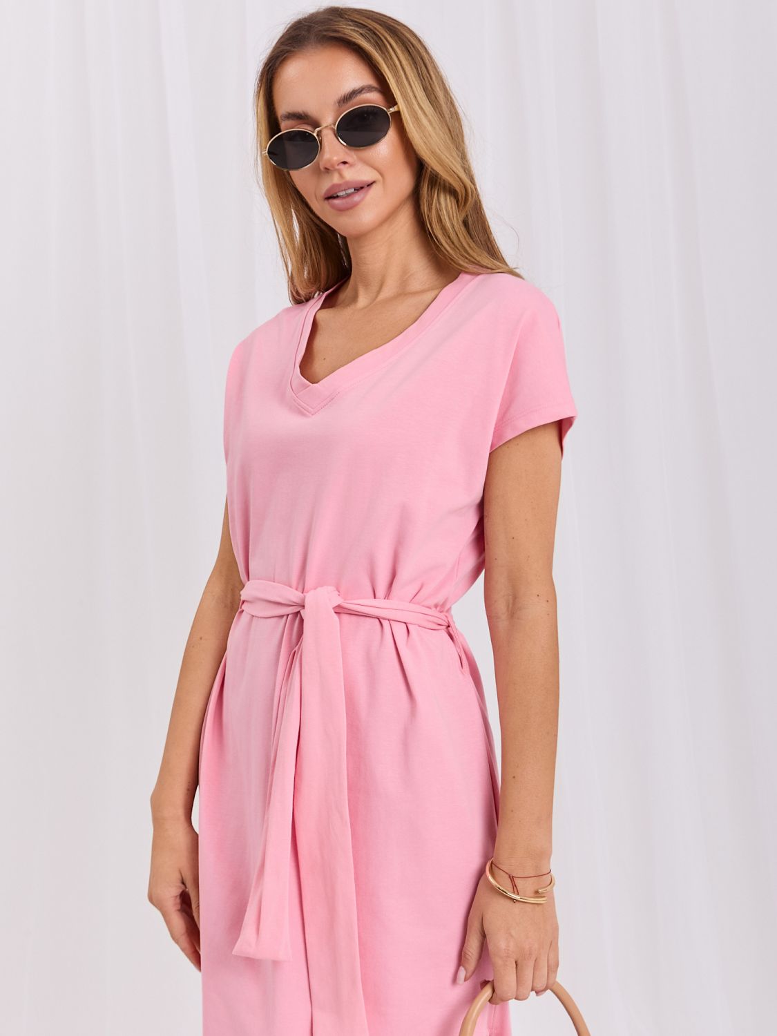 Rochie midi roz din bumbac cu curea