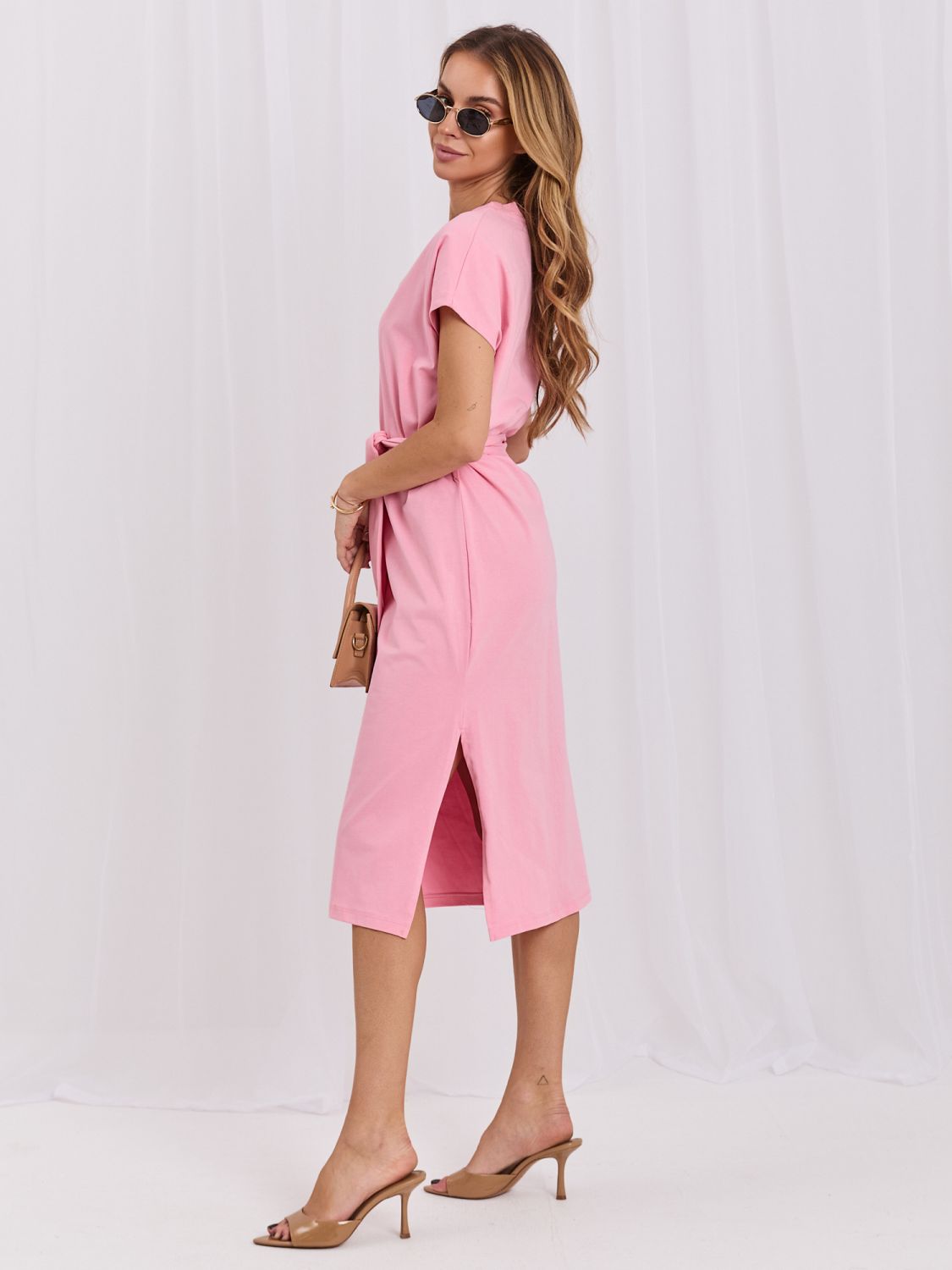 Rochie midi roz din bumbac cu curea