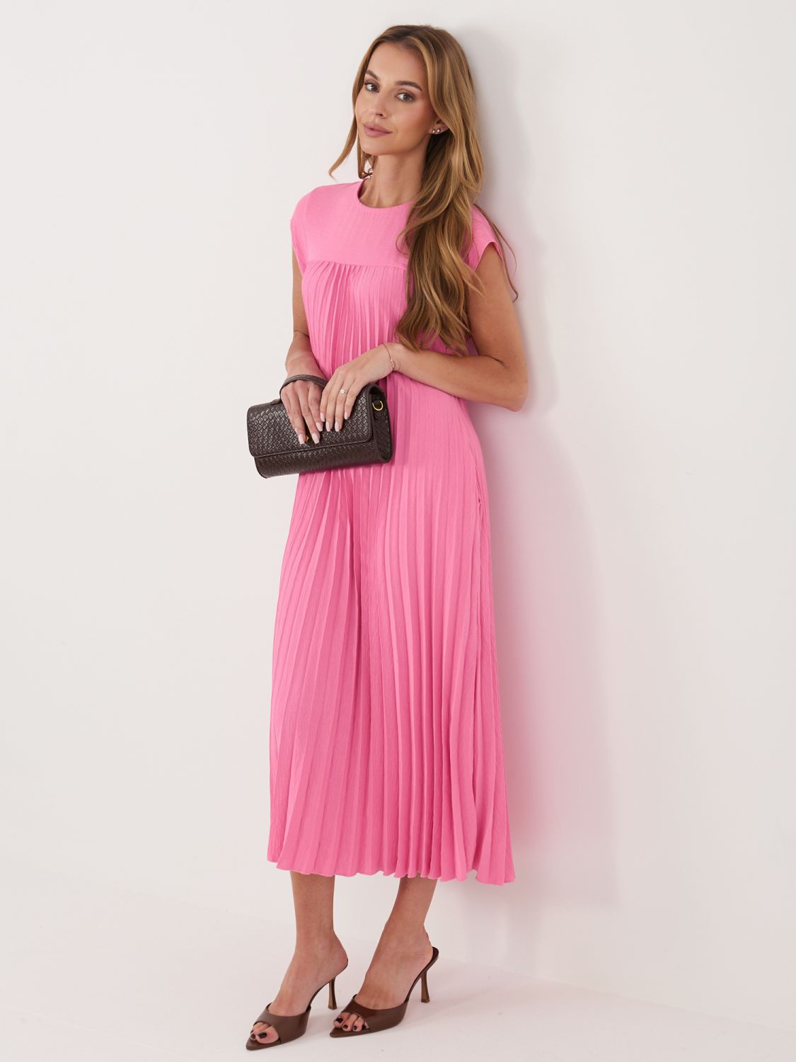 Rochie midi roz cocktail cu buzunare