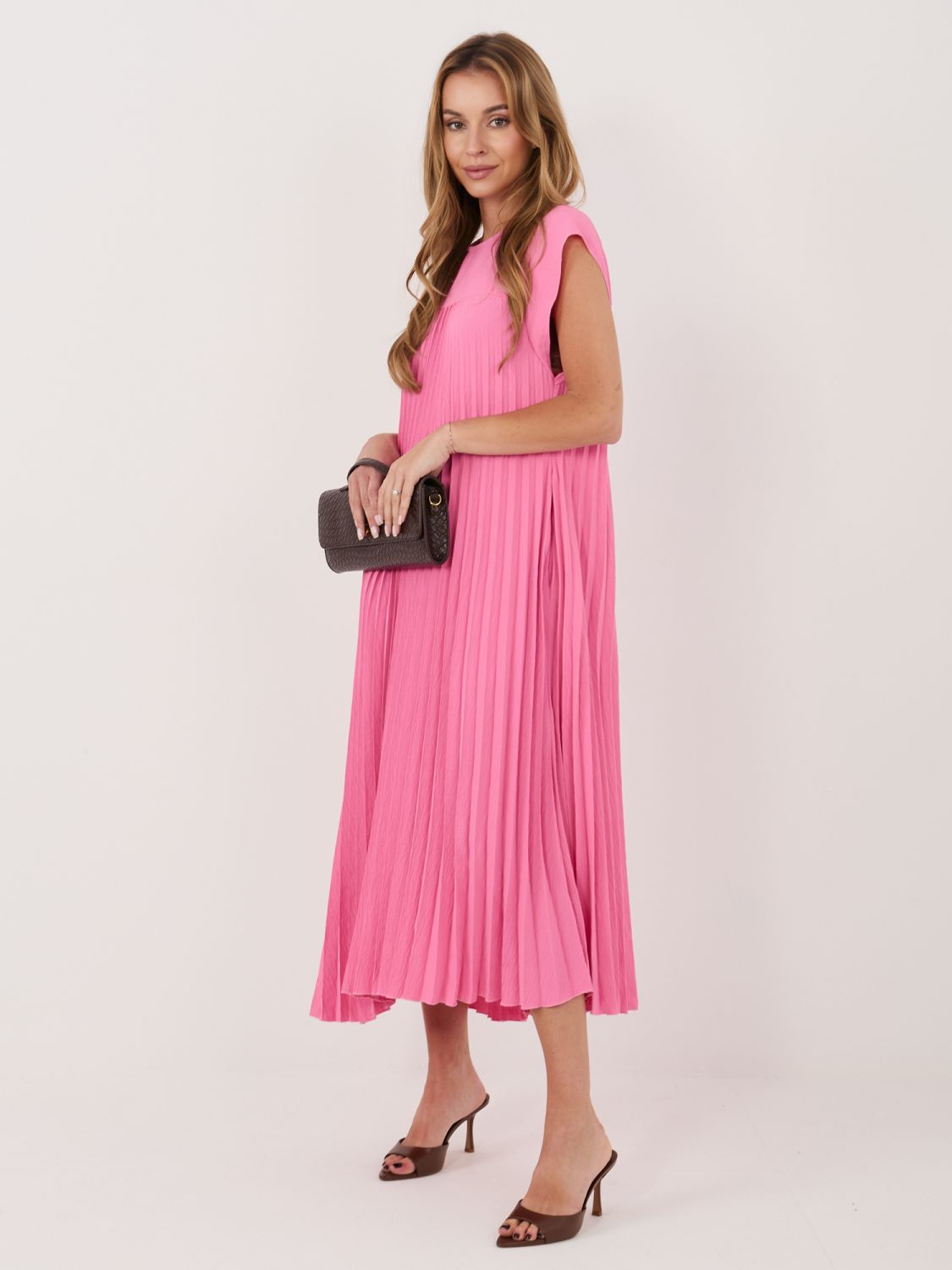 Rochie midi roz cocktail cu buzunare