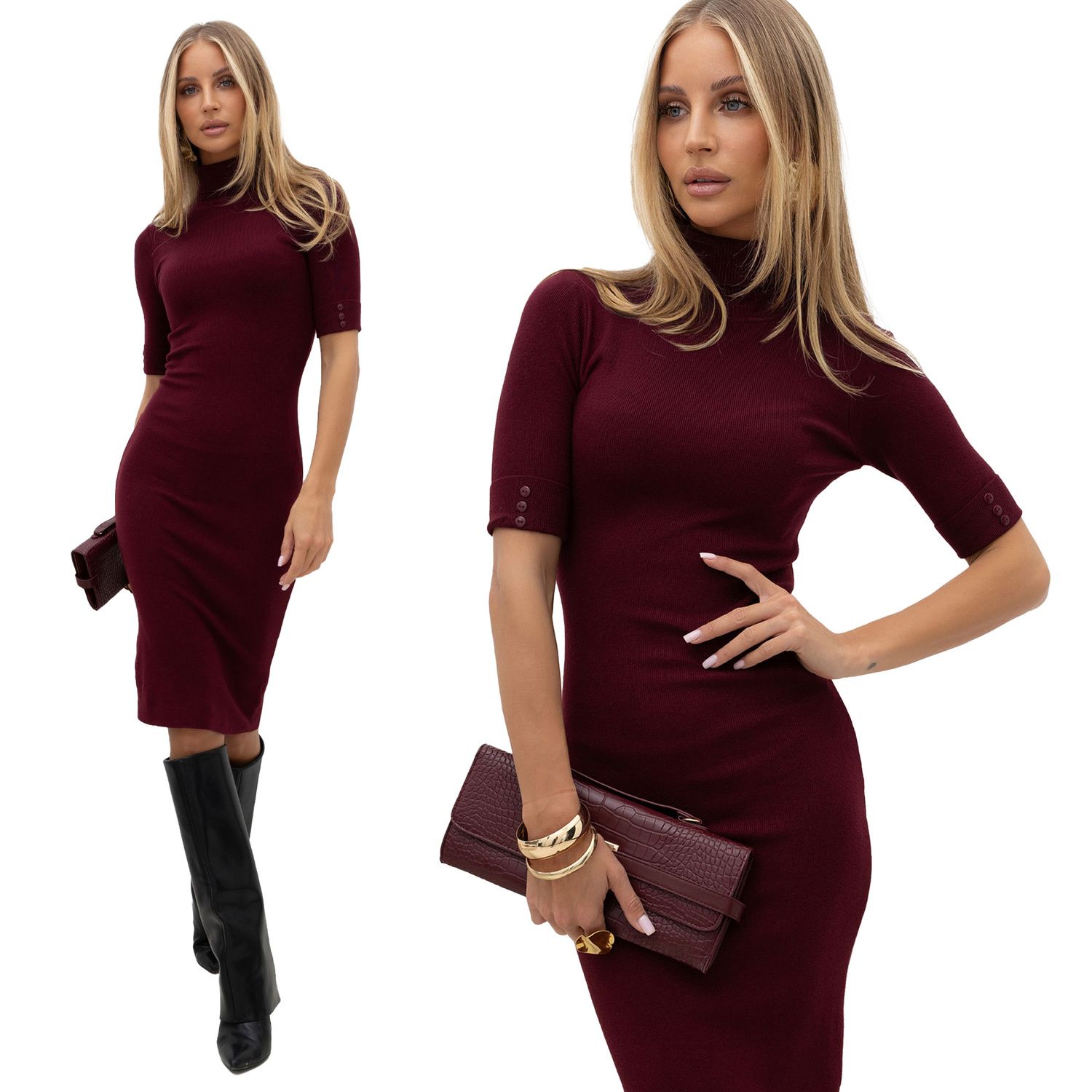 Rochie tricotată bordo cu guler înalt și nasturi