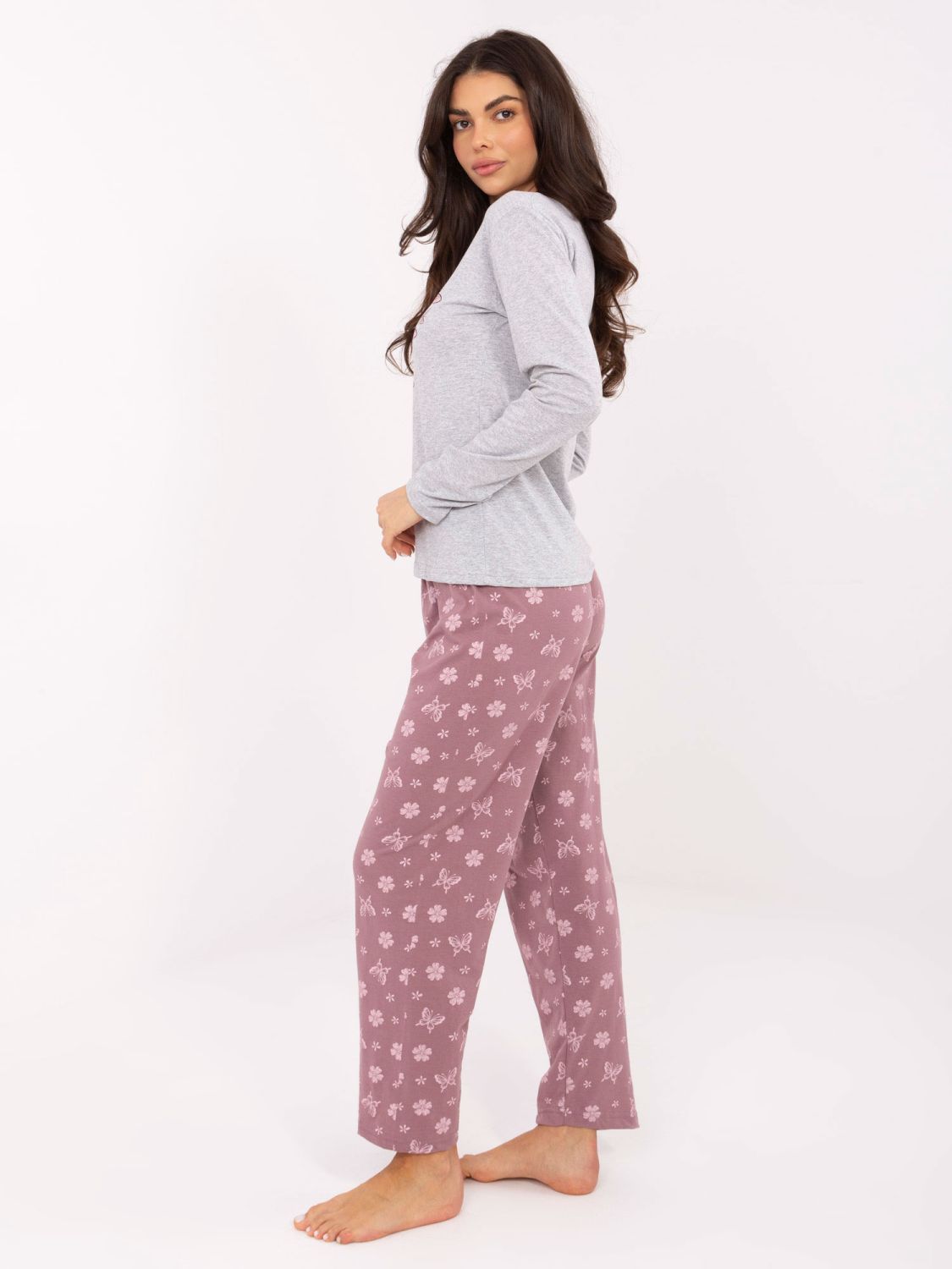 Pijamă damă gri din bumbac cu imprimeu