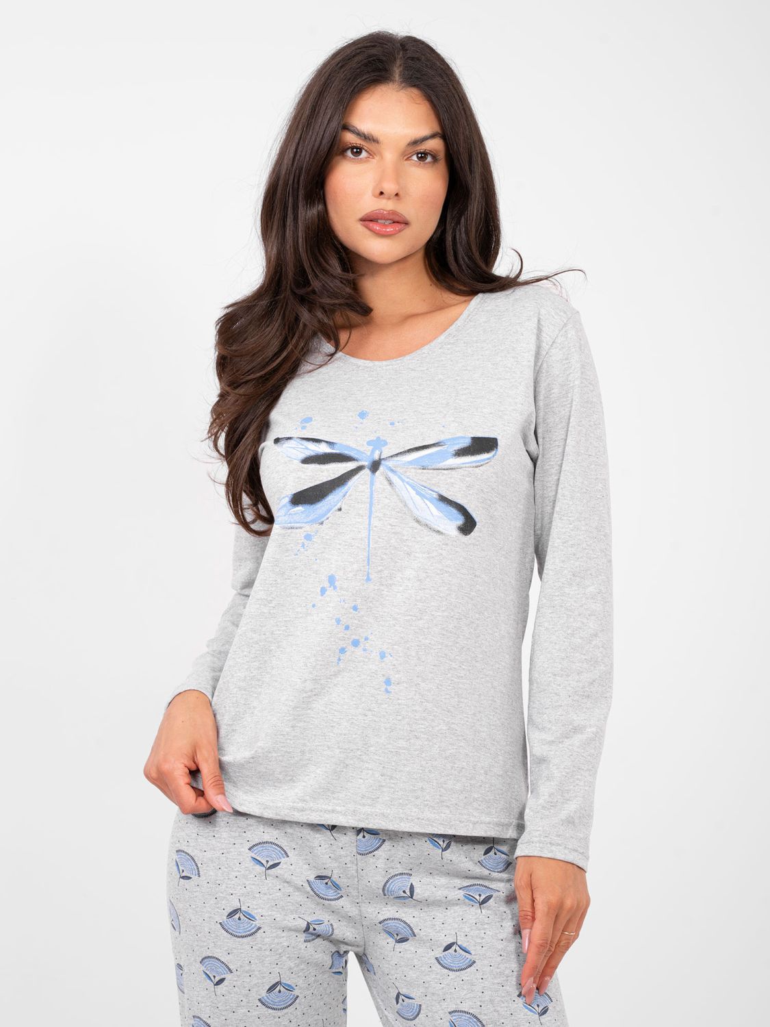 Pijamă damă gri din bumbac cu imprimeu și nasturi