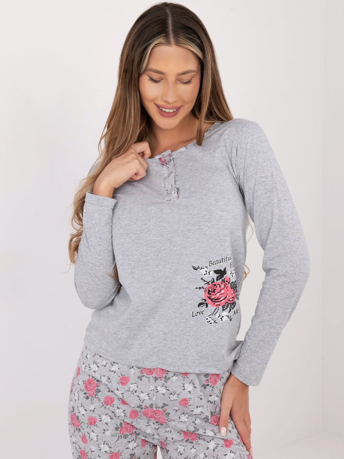 Pijamă din bumbac cu model floral, gri