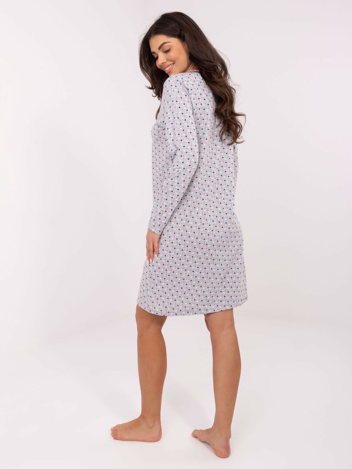 Cămașă de noapte gri cu mâneci lungi și fundiță