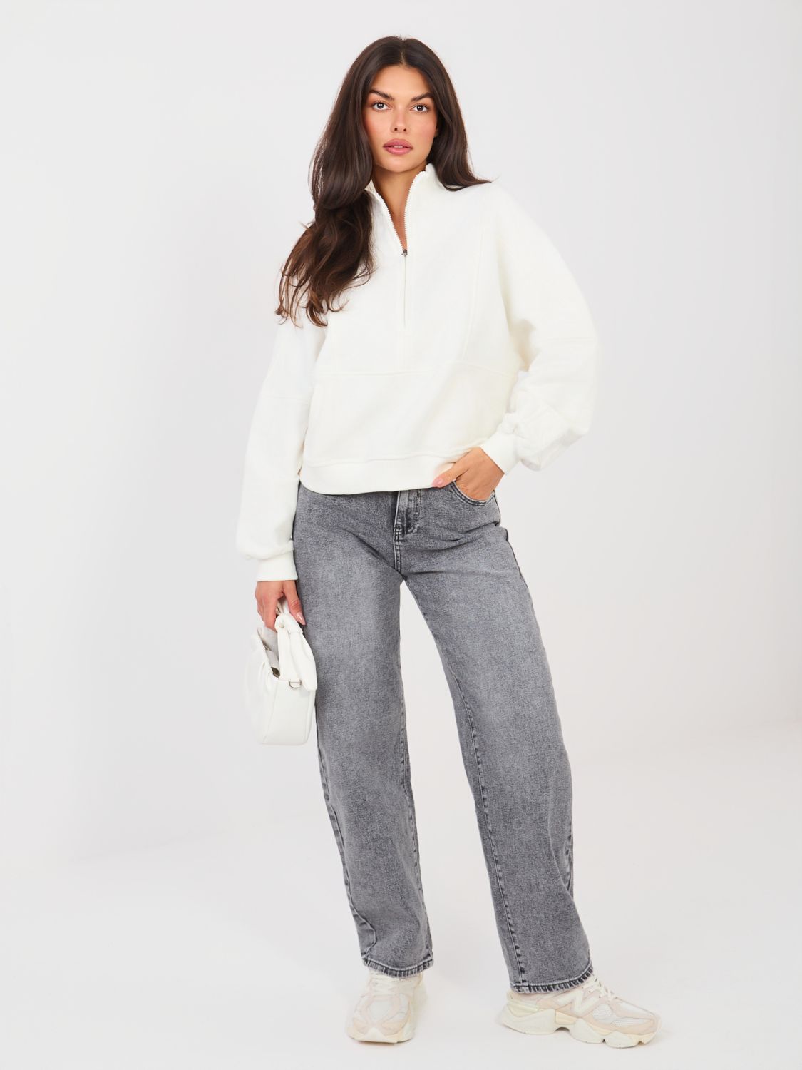 Blugi gri balloon fit cu talie înaltă