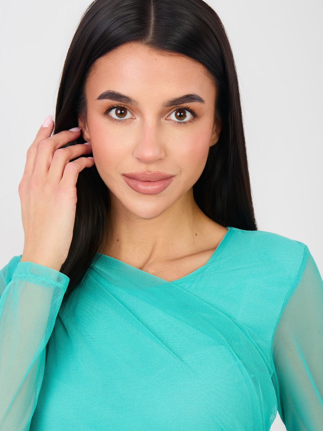 Body elegant albastru cu mâneci lungi și decolteu rotund