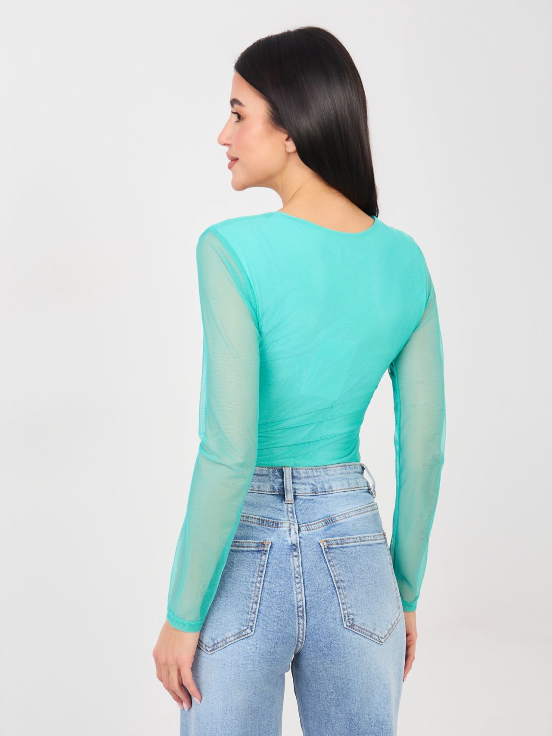 Body elegant albastru cu mâneci lungi și decolteu rotund