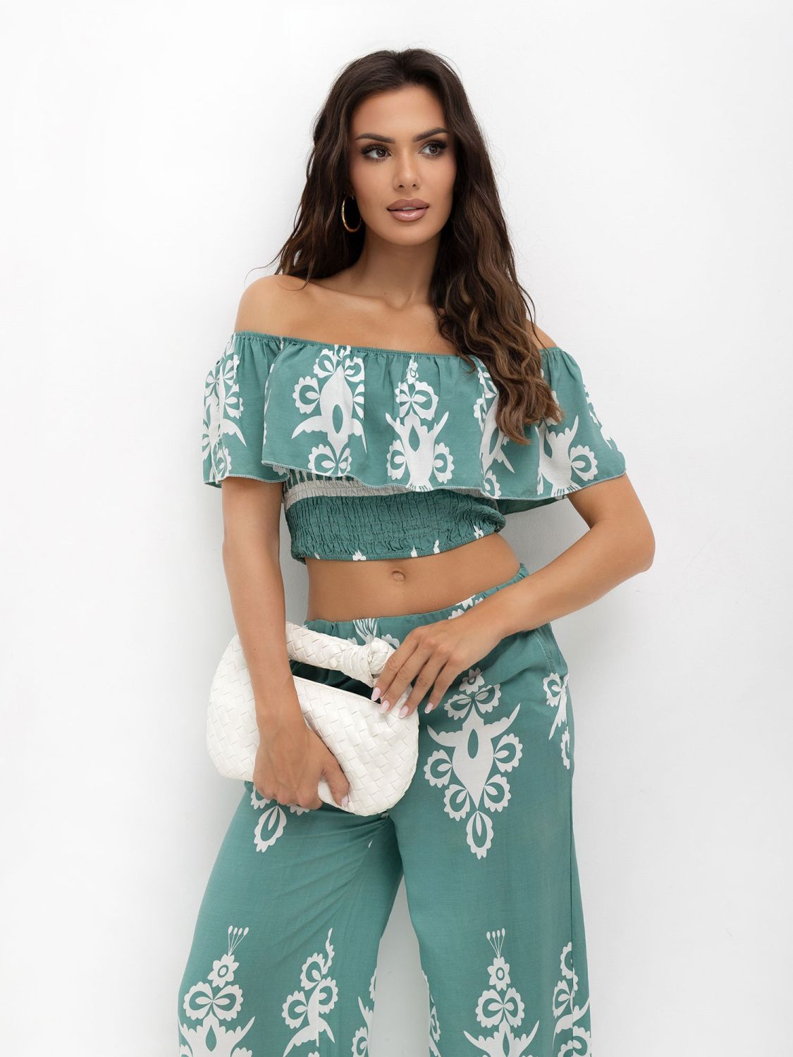 Set boho cu bluză și pantaloni turcoaz