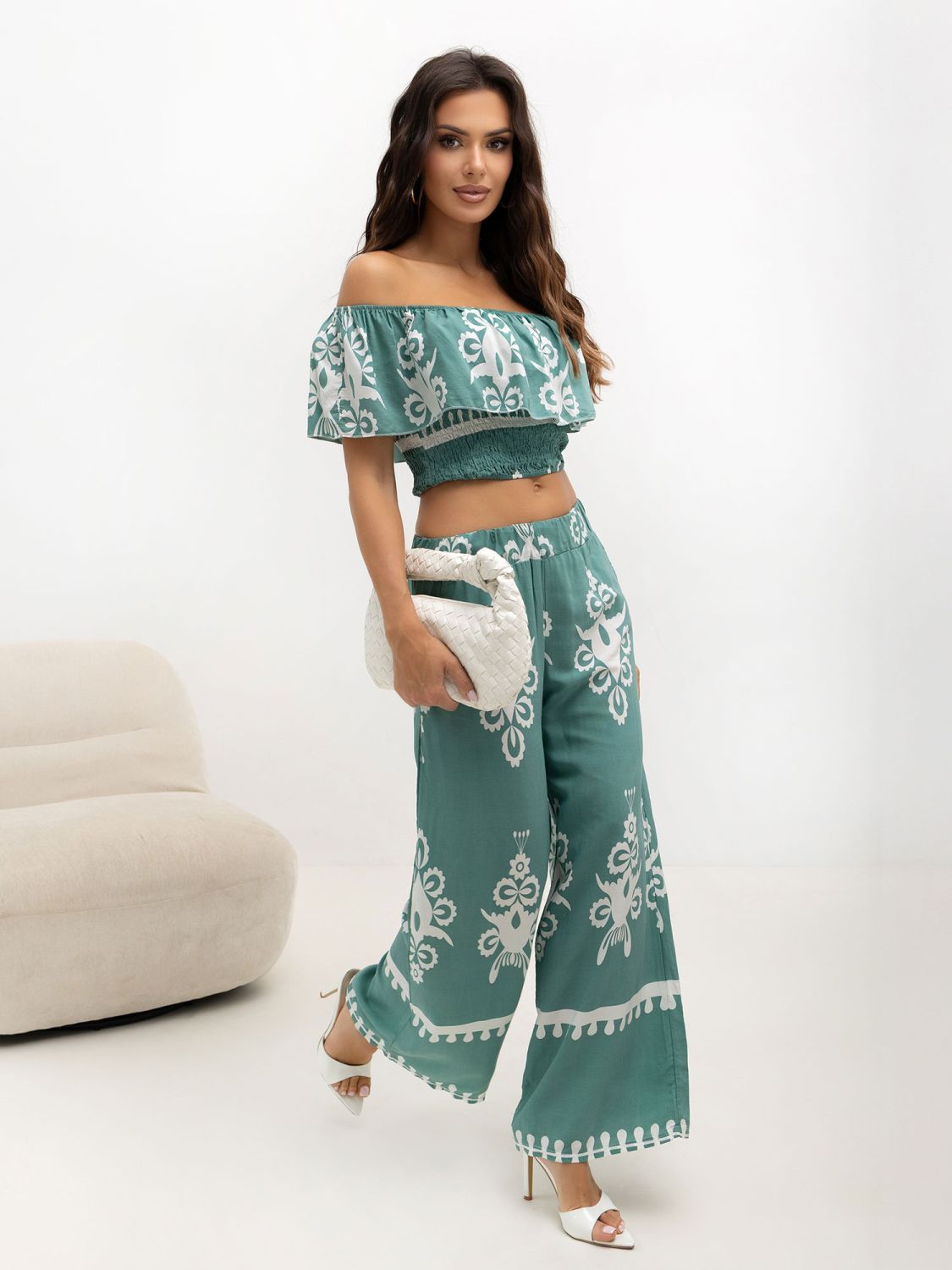 Set boho cu bluză și pantaloni turcoaz