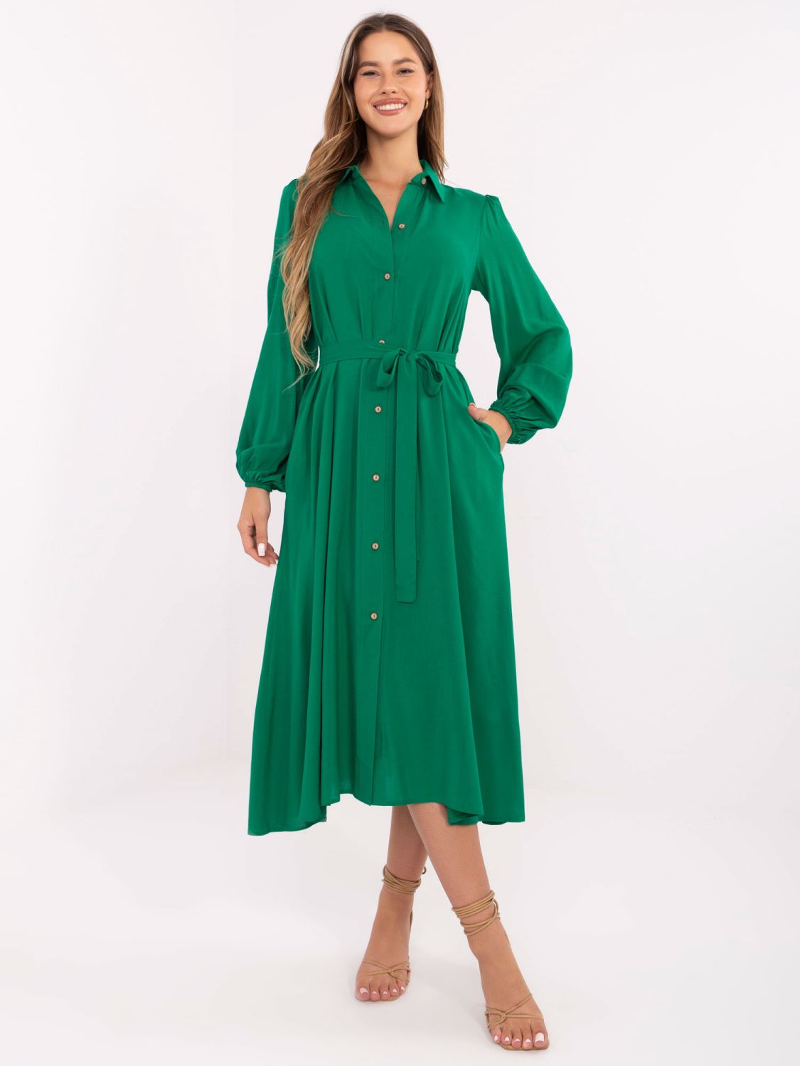 Rochie midi elegantă verde cu mâneci lungi