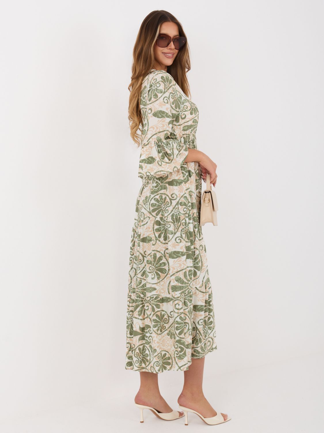 Rochie midi verde cu imprimeu și cordon