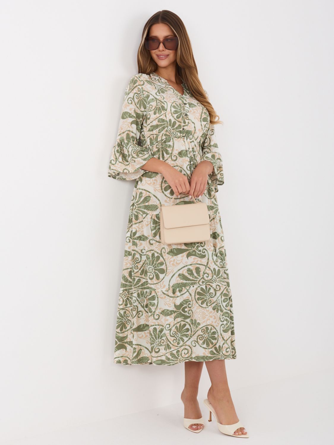 Rochie midi verde cu imprimeu și cordon