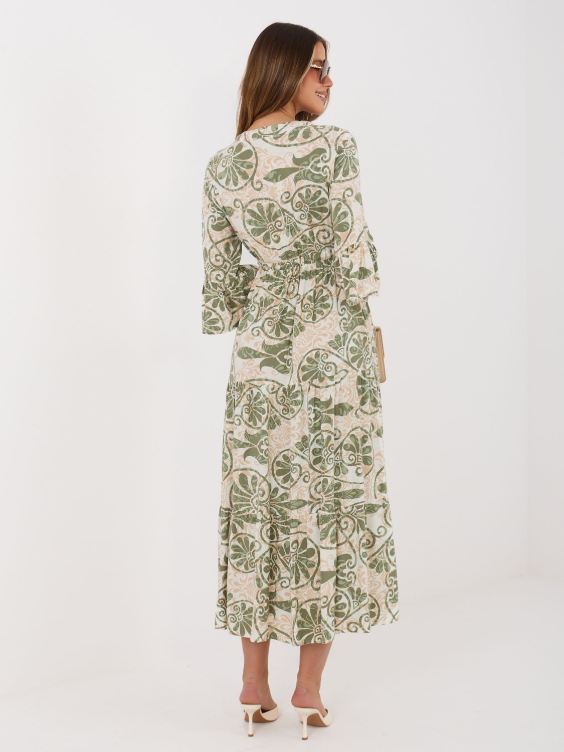 Rochie midi verde cu imprimeu și cordon