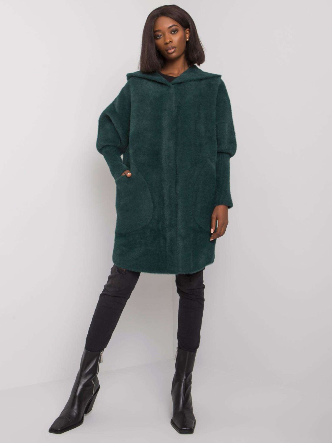 Palton verde din alpaca cu glugă
