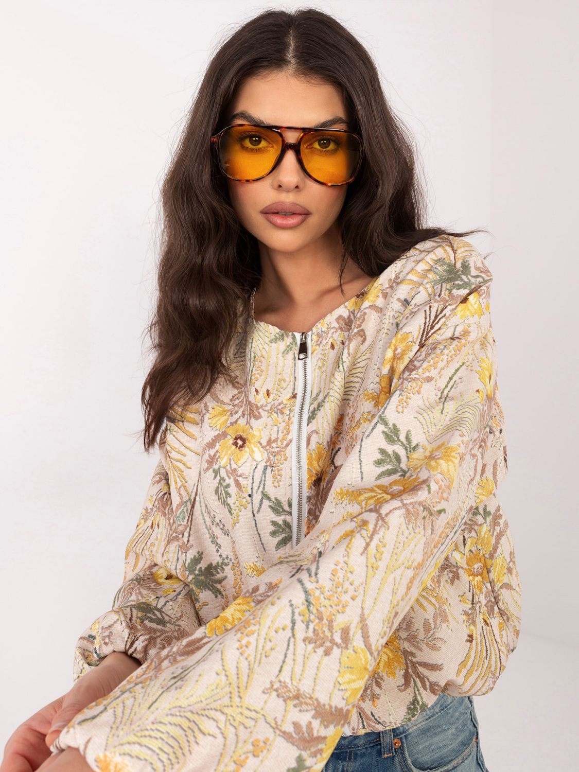 Geacă bomber galbenă cu imprimeu floral și căptușeală
