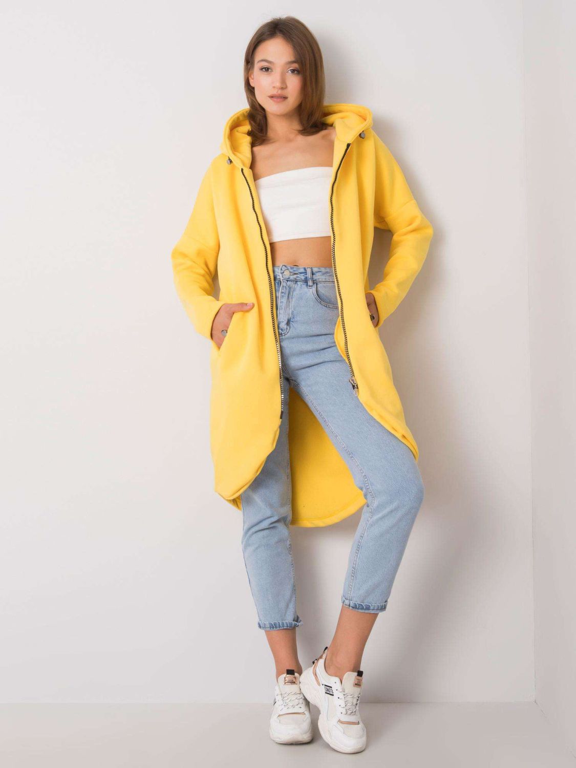 Hanorac lung galben cu glugă și fermoar