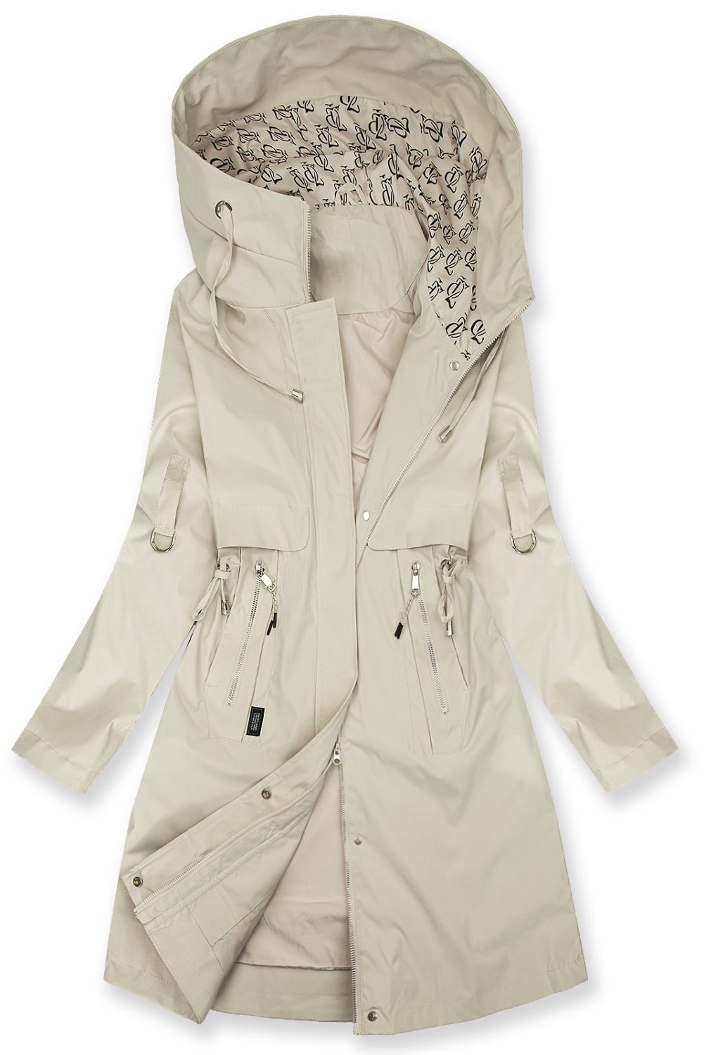 Parka lungă cu imprimeu în glugă ecru