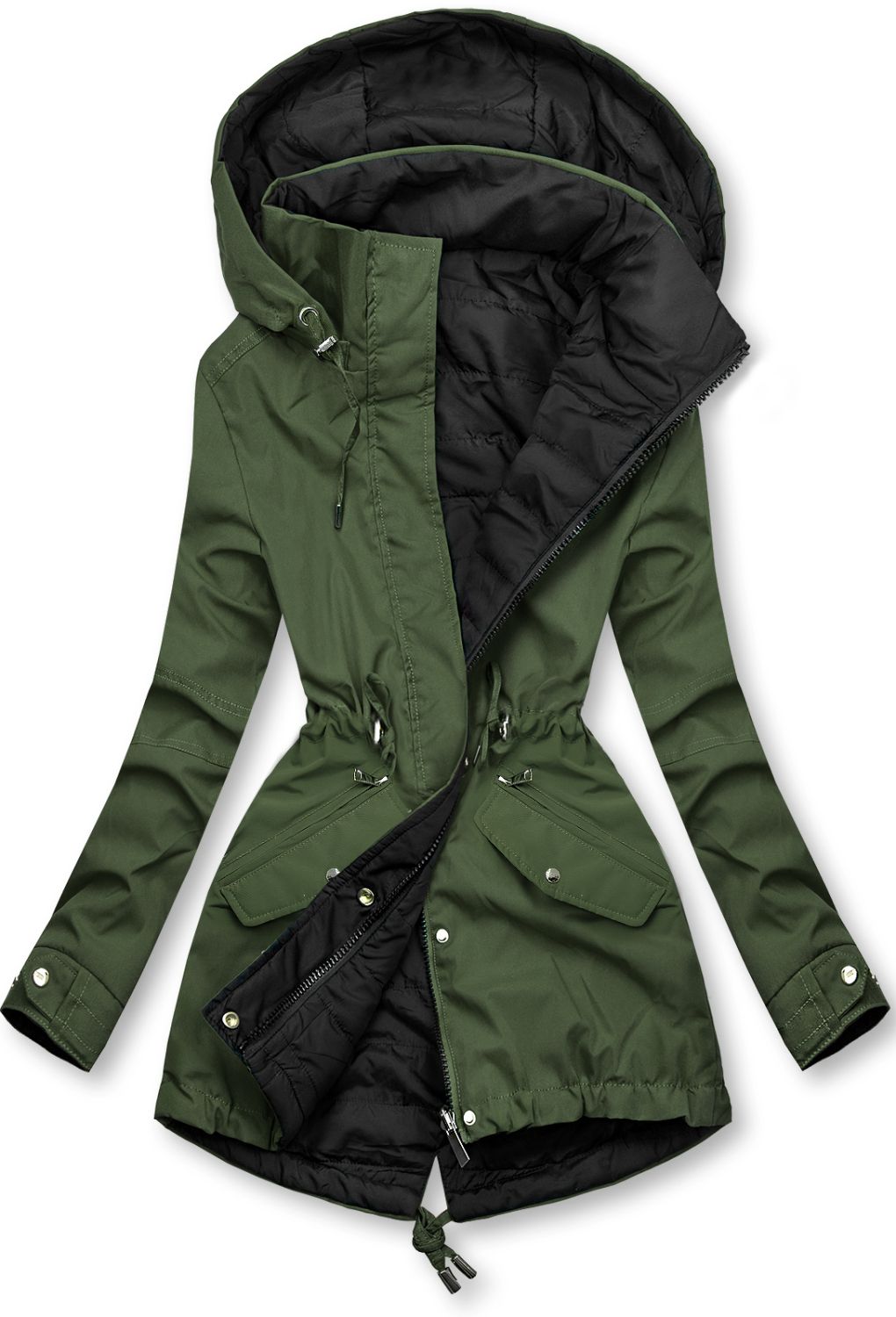 Parka reversibilă de tranziție cu glugă kaki/negru