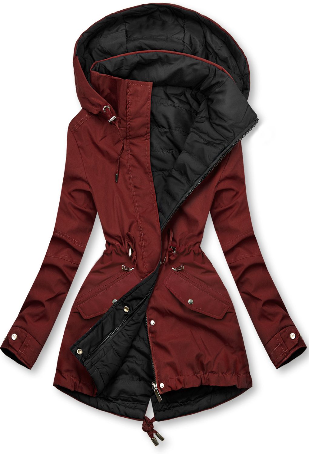 Parka reversibilă de tranziție cu glugă maro roșu/negru