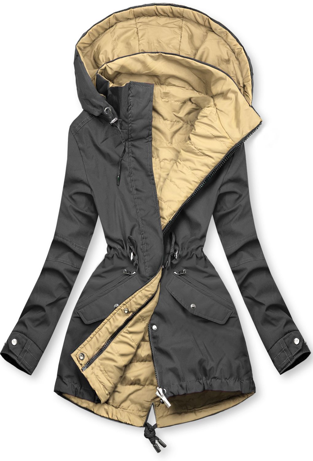Parka reversibilă de tranziție cu glugă gri deschis/nisip
