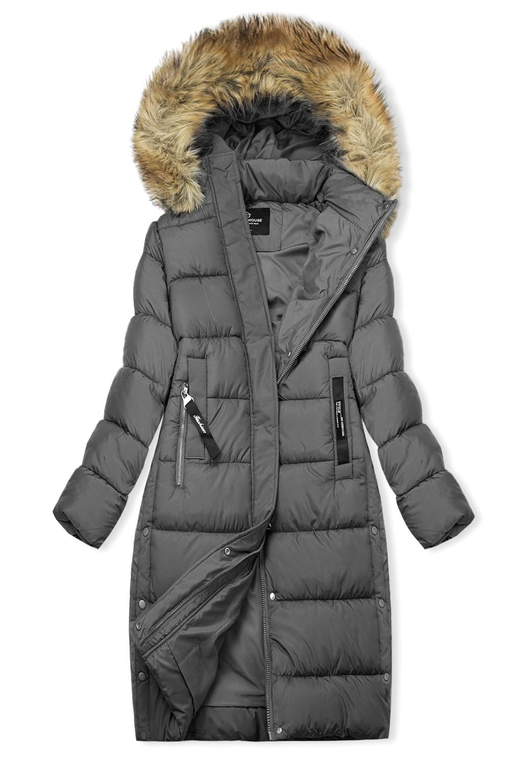 Jachetă lungă de iarnă gri cu blană