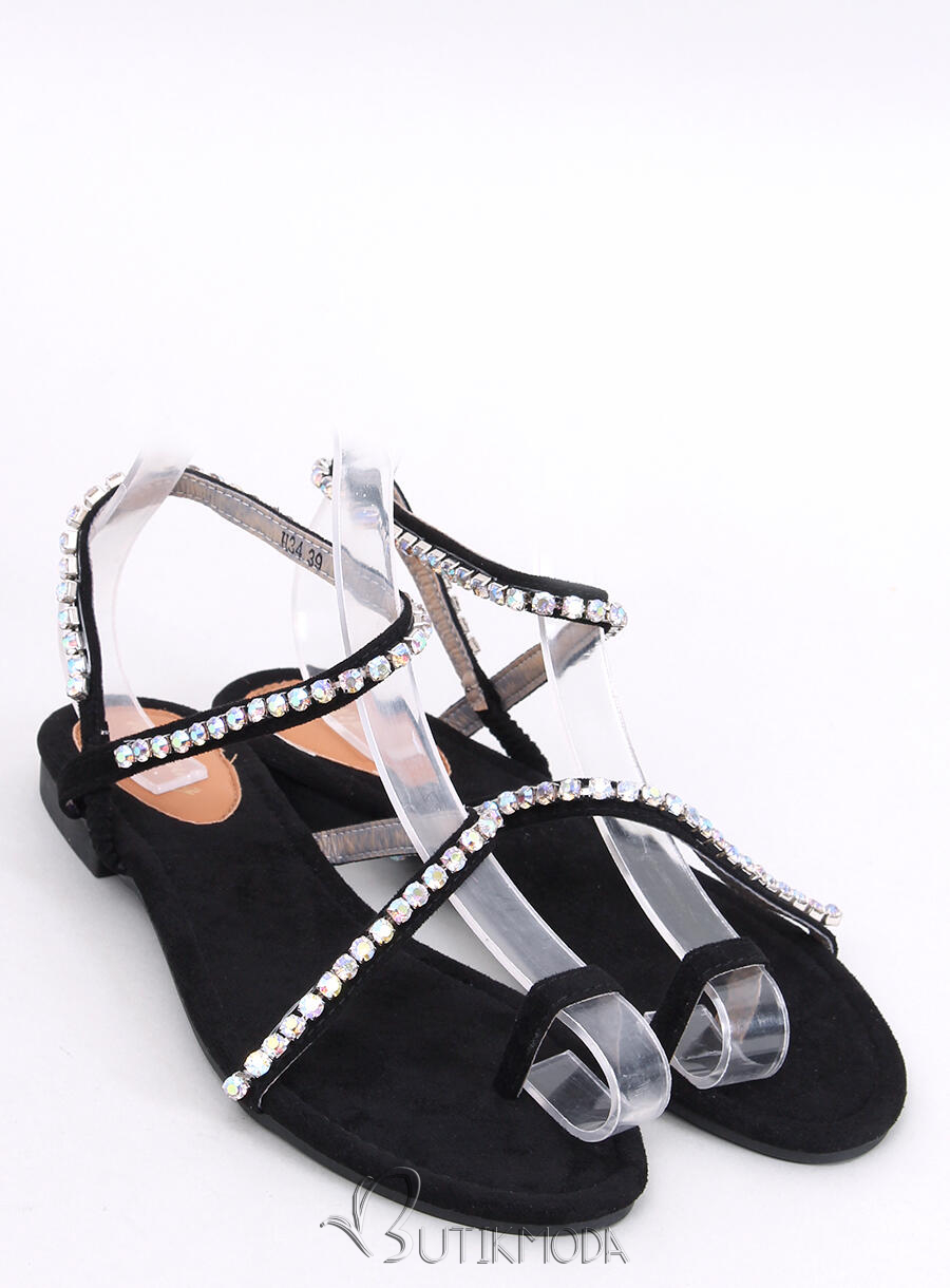 Sandale plate negre cu zirconi