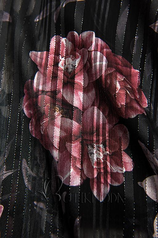 Rochie florală neagră cu panglică în talie