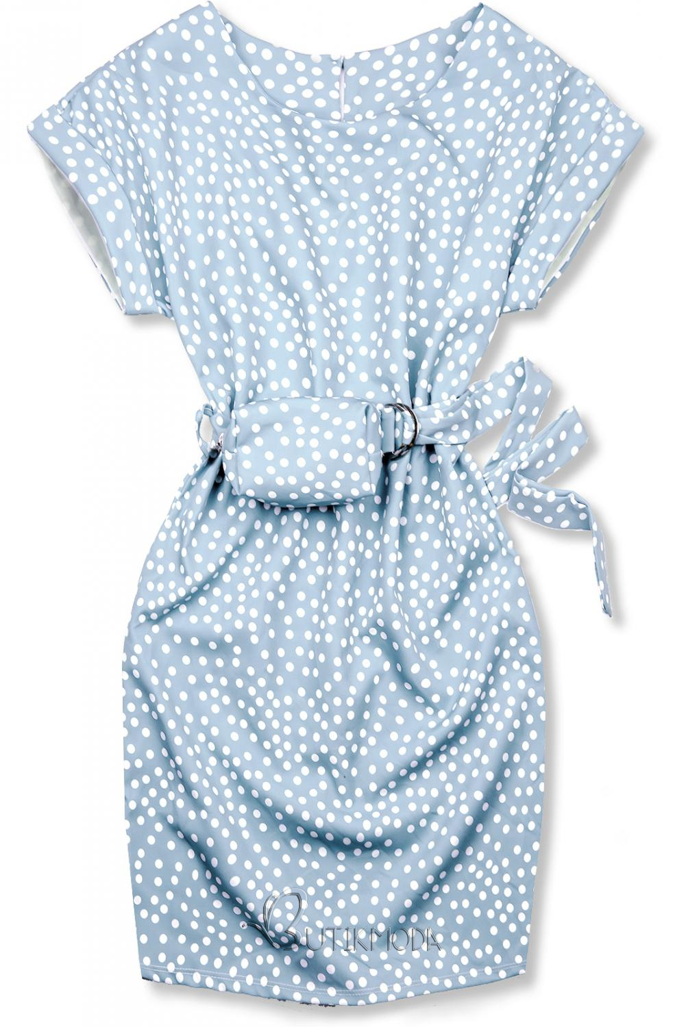 Rochie albastru deschis cu buline și o geantă mică în talie