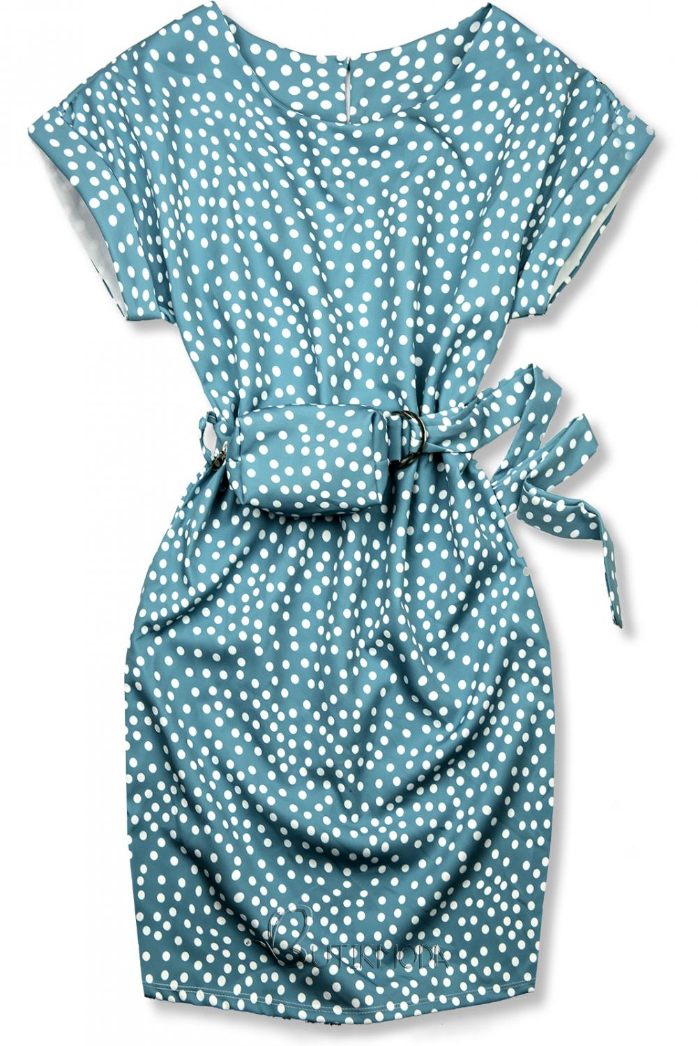Rochie albastră cu buline și o geantă mică în talie