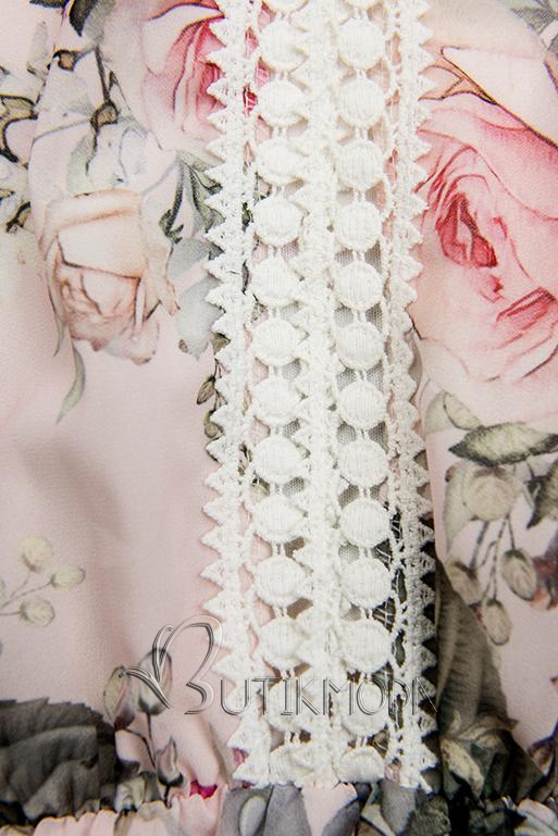 Rochie roz florală cu volănașe și dantelă