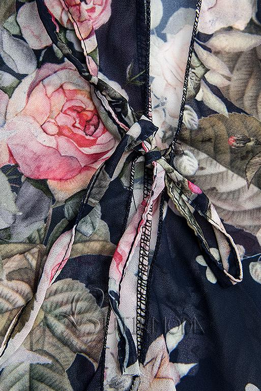Rochie bleumarin florală cu volănașe și dantelă
