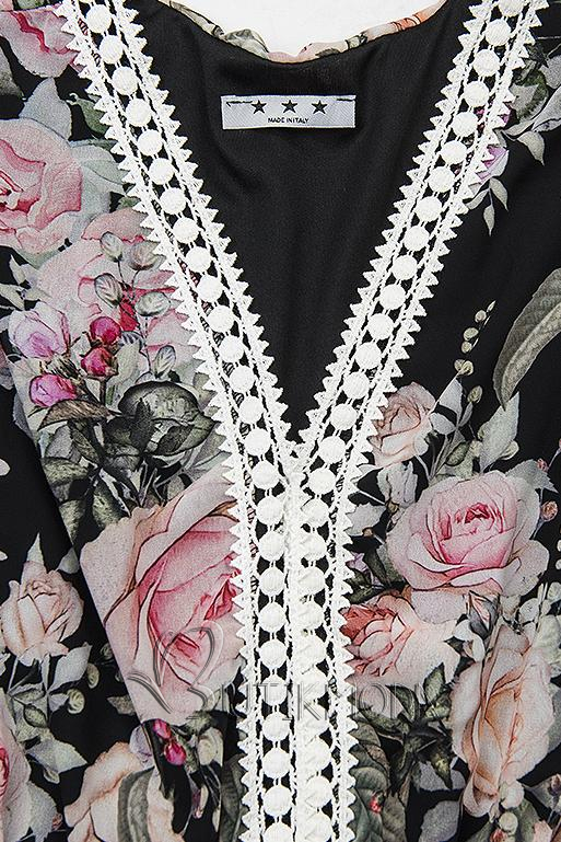 Rochie neagră florală cu volănașe și dantelă