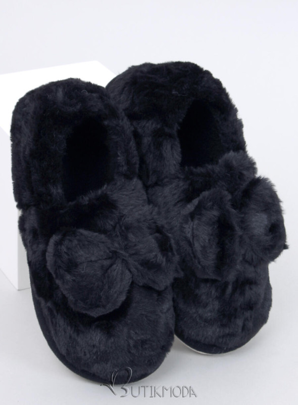 Papuci de blană cu fundiță negri