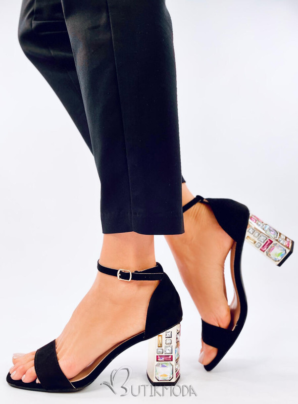 Sandale negre cu toc colorat