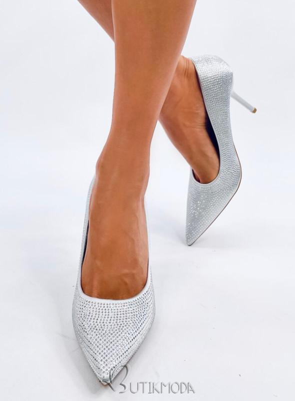 Pantofi stiletto argintii cu zirconi