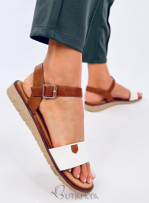 Sandale joase din piele ecologică alb/maro