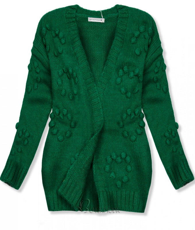 Pulover tricotat verde cu pompoane
