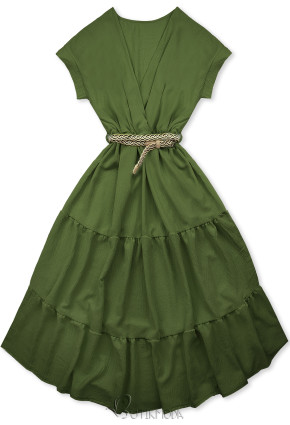 Rochie midi de vară verde măslină cu curea