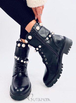 Botine negre decorate cu perle