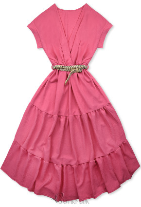 Rochie midi de vară roz cu curea