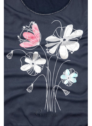 Tricou albastru închis cu imprimeu de flori