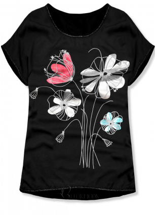 Tricou negru cu imprimeu de flori