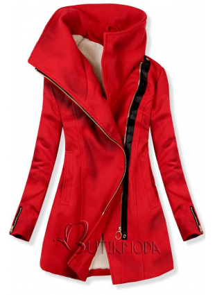 Palton roșu cu fermoar asimetric