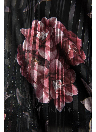 Rochie florală neagră cu panglică în talie