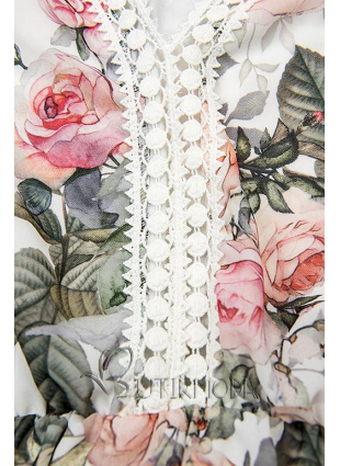 Rochie albă florală cu volănașe și dantelă
